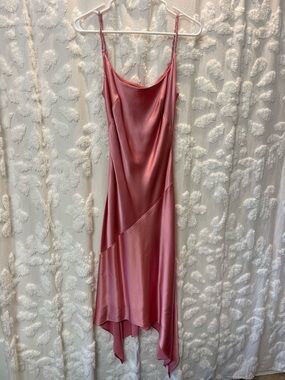 Kay Unger fairy pink silk dress with asymmetrical hem and beaded straps